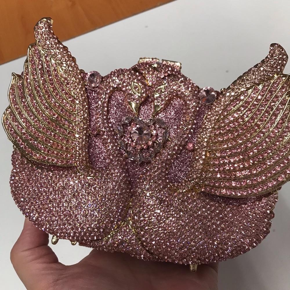 Swan Design Pink Crystal Clutch Evening Bag Purse heavy